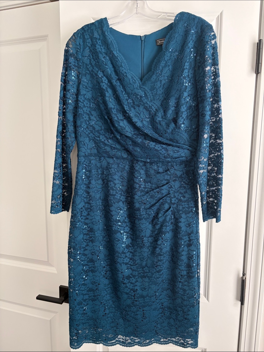 Jessica Howard Teal Lace Sequin Wrap-Front Sheath Dress